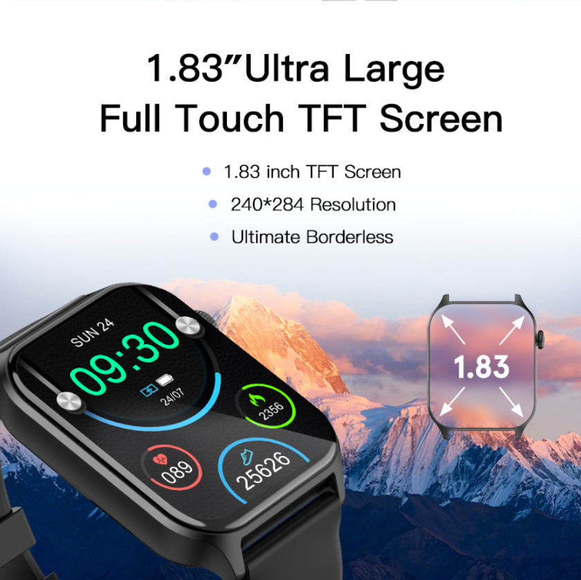 1.83" Screen Waterproof Smart Watch For Men Women - Black