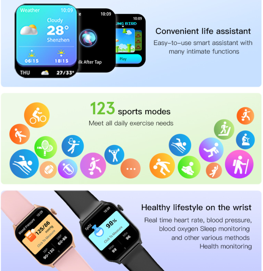 1.83" Screen Waterproof Smart Watch For Men Women - Black