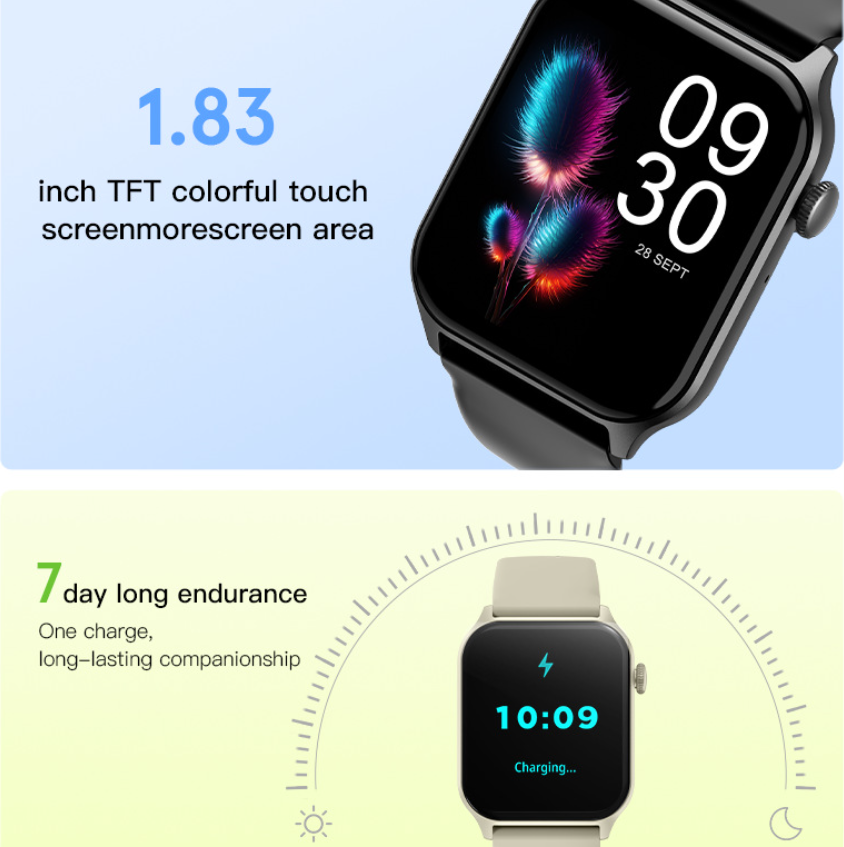 1.83" Screen Waterproof Smart Watch For Men Women - Black